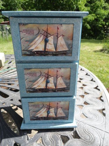 WOODEN ORGANIZER/ 3 DRAWER SAILBOATS WHITE/BLUE 10 3/4&#034; T 4 1/2&#034; W TOP OF DESK