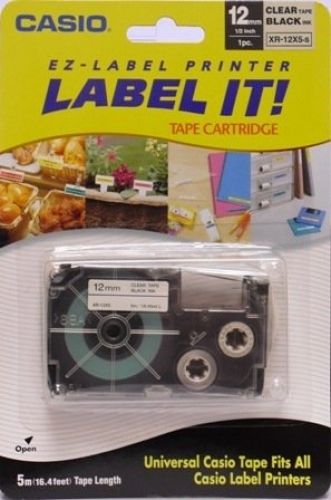 Brand New Casio Universal Label Tape- 12mm Black Ink on Clear Tape. FITS ALL