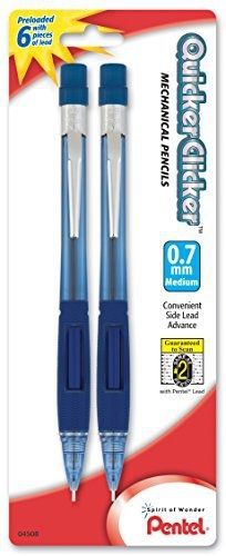 Pentel Quicker Clicker Automatic Pencil, 0.7mm, Transparent Blue Barrel, 2 Pack