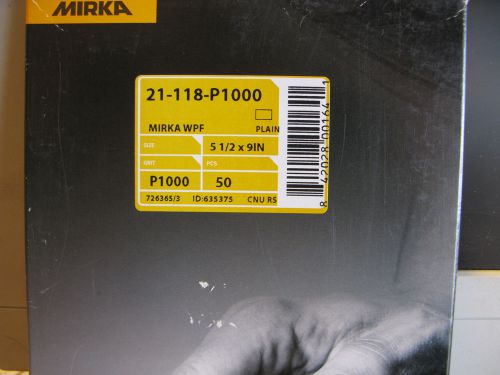 NEW! MIRKA #21-118-P1000. WATERPROOF 1/2 SHEETS. 5.5&#034; X 9&#034; P1000 GRIT. 50 PIECES