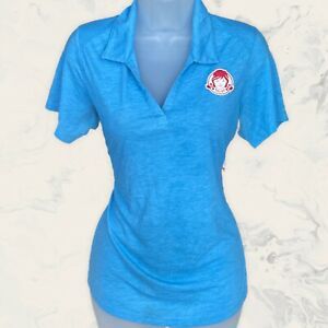 Wendys Restaurant Red Logo Employee Shirt Light Blue Womens Medium Uniform