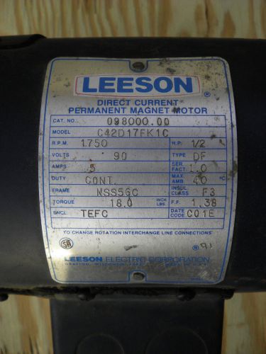 1/2 hp 1750 RPM  90 Volts DC 56C Frame TEFC Leeson Electric Motor