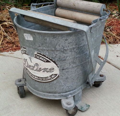 Vintage deluxe galvanized metal mop bucket w/wheels &amp; wood wringer antique for sale