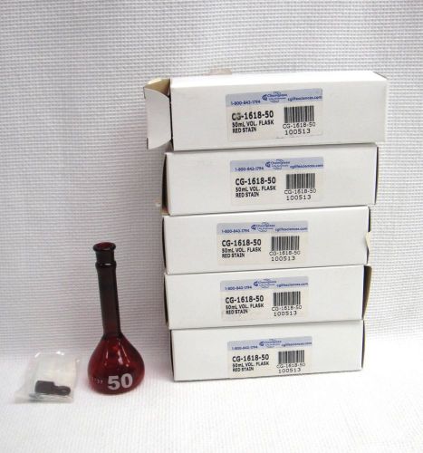 Lot of 5 chemglass 50ml red stain volumetric flat bottom flask cg-1618-50 for sale