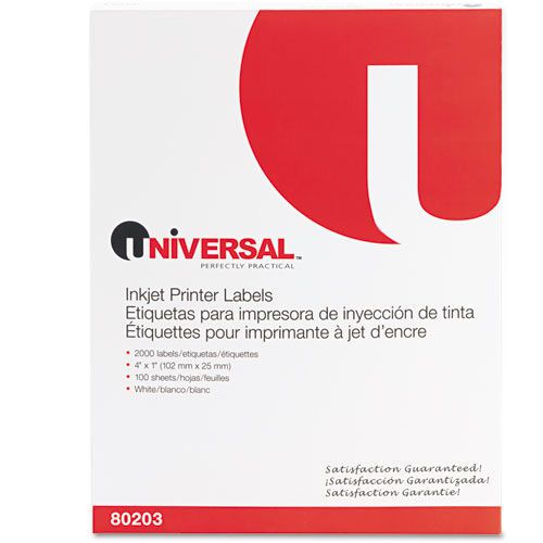 Universal Ink Jet Printer Labels, 4 x 1 Label Size, White, 2000/Box