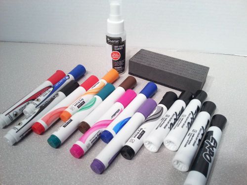 Lot of 15 Dry Erase Markers + Eraser + Cleaner ~ Expo ~ Quartet Office Max ~ New