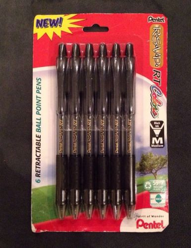 Pentel RSVP [RT Colors] Retractable Black Medium Ball Point Pens- 6-Pack - NEW
