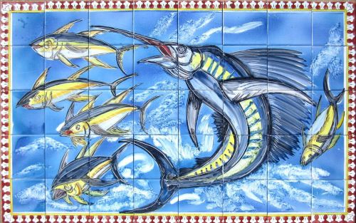 DECORATIVE CERAMIC TILES:MOSAIC PANEL HAND PAINTED WALL MURAL FISHING  48&#034; x 30&#034;