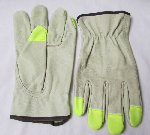 DRIVERS GLOVES UNLINED PIG LEATHER WITH HI VIZ YELLOW FINGER TIPS SZ LGE
