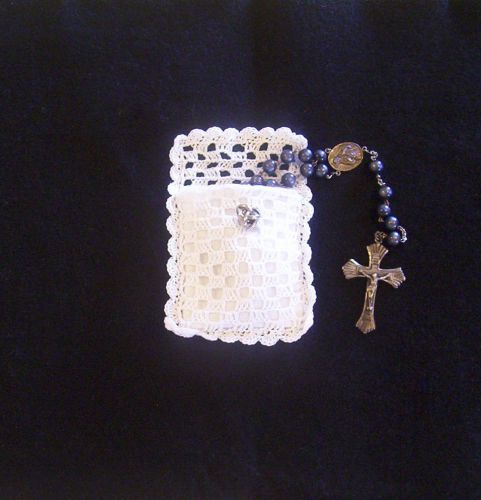 Crochet Filet White Rosary Jewelry Pouch Wedding First Communion