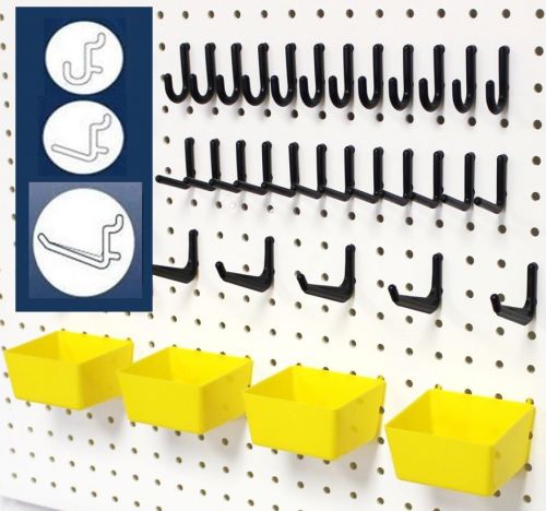 # 39 Yellow Part Bins and Flex Lock Peg Hooks fit 1/4&#034; hole pegboard organizer