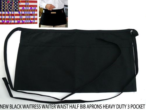 NEW BLACK WAITRESS WAITER WAIST HALF BIB APRONS HEAVY DUTY 3 POCKET