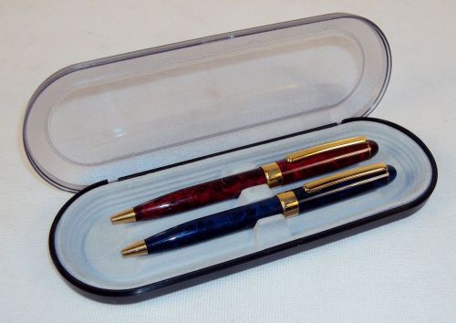 Executive 2 Ballpoint Pen Gift Set ~ Red &amp; Blue Marble Pattern w/Gold Tone Trim