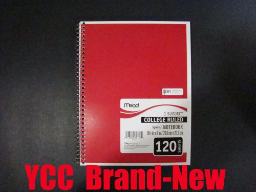 Mead Spiral Notebook,3subject,120sheets,college ruled,red cover,10.5 x 8 in,1pk