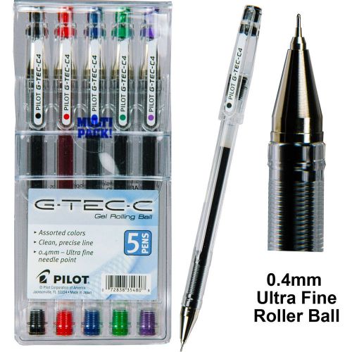 Pilot G-Tec-C4 Ultra Fine 0.4mm Gel Ink Rollerball Pen, 5 Asst Colors In Pouch