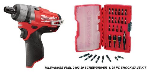 Milwaukee m12 fuel 1/4&#034; hex 2 speed screwdriver 2402-20 &amp; 29 pc shockwave kit for sale