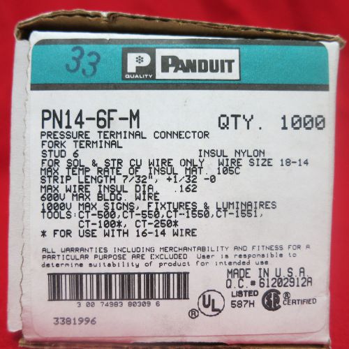 Panduit pn14 6f m pressure fork terminal connector stud 6 (new) (box of 1,000) for sale