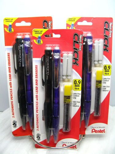 6  PENTEL Twist Erase Click Mechanical Pencils 0.9mm - Lot of 3 - BLACK PURPLE