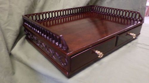 1285M Vtg Ornate Mahogany 20x11 Exec Desk Top Tray/Inbox w/Drawers Railed Sides