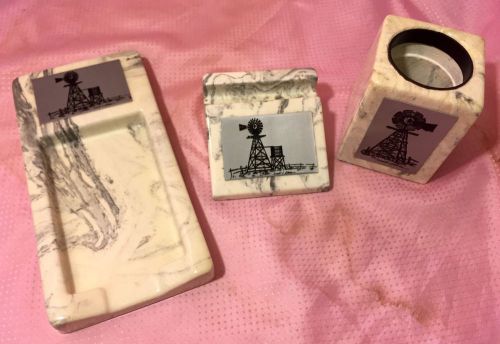 Texas Windmill Etched Stone 3 Piece Office Desk Set White Black Terrell O&#039;Brien