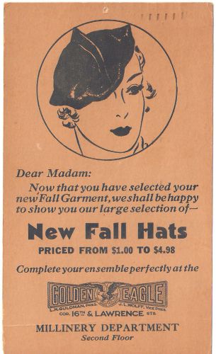 Advertising post card 1933 from Denver hat millinery shop