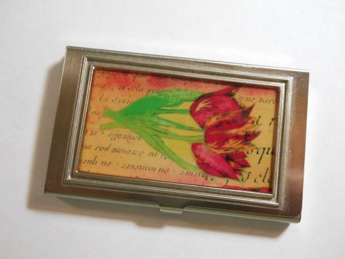 Business Card Holder Tulip Flowers Silver Metal