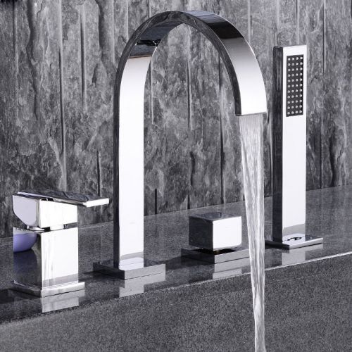 4-Hole Roman Tub Faucet with Hand Shower Modern Shower Valve Brass Bathroom Tap