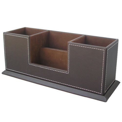 KINGFOM™ Double Holder Wood Leather Multi-Function Desk Stationery Organizer Dar