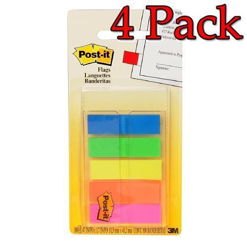 3M Post-It Flags, Assorted Bright Colors, 1/2&#034;, 100ct, 4 Pack 021200729775T214