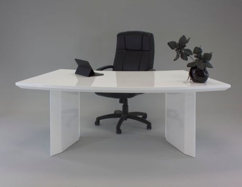 Modern White Lacquer Curved Executive Desk with Two Mobile Files