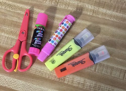 Sharpie two highlighters crazart pink glue stick eraser scissors school office