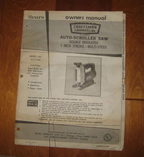 Sears Craftsman Commercial owners manual Auto-Scroller Saw Jigsaw P/N 315.17280