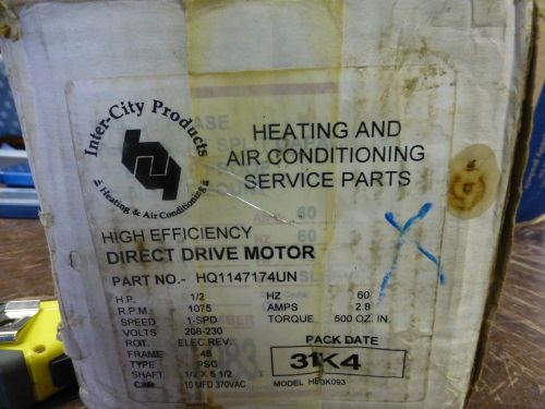 Inter-City Products direct drive motor HQ1147174UN  HE3K093 1/2 hp 1075 rpm 2.8a