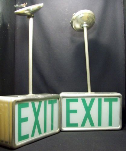 (2) vintage commercial aluminum hanging kirlin glass one sided exit signs for sale