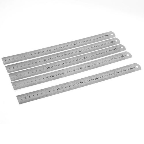 5pcs Double Scales Metric 0-30cm 0-12&#034; Range Straight Rulers Silver Tone