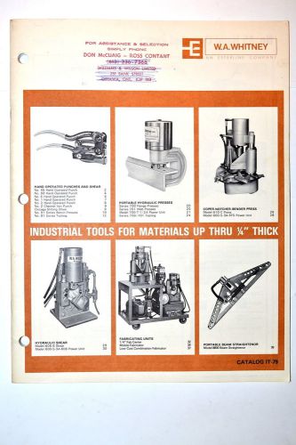 W.a. whitney industrial tools for materials thru 1/4&#034; thick catalog it-79 rr246 for sale