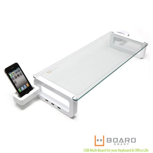 UBoard Smart USB 3 Ports White Tempered Glass Monitor Shelf Monitor Stand