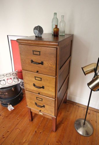 Antique Vintage 3 Drawer Solid Oak Timber Industrial Storage Filing Cabinet