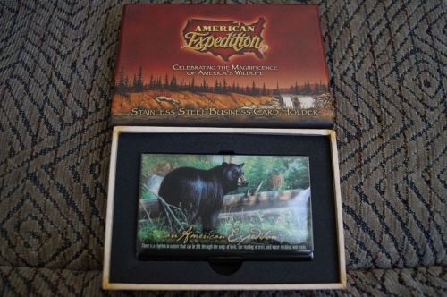 NIB AMERICAN EXPEDITION STAINLESS STEEL BUSINESS CARD HOLDER BLACK BEAR
