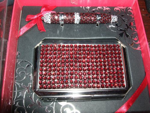 SILVER &amp; FAUX RUBY CRYSTAL BUSINESS CARD HOLDER &amp; PEN SET:  NEW IN GIFT BOX