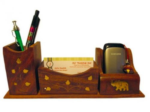 Wooden Desk Cell Phone Card Pen Holders W/ Elephant Brass Work Indian Wood New