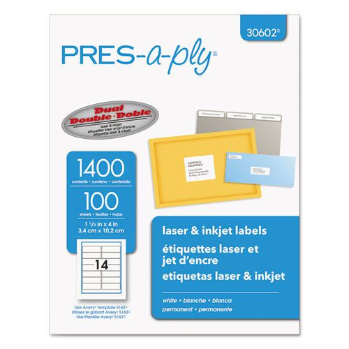 Pres-A-Ply Laser Address Labels, 1-1/3 x 4, White, 1400/Box