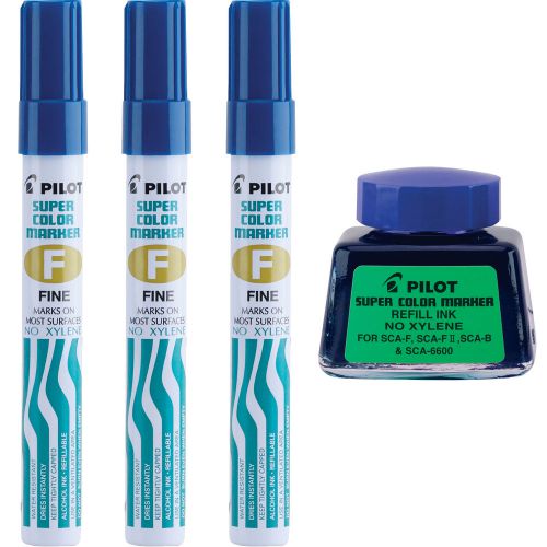 Pilot Super Color Markers, Fine Point, Xylene-Free, Blue, 3/Pack with Ink Refill