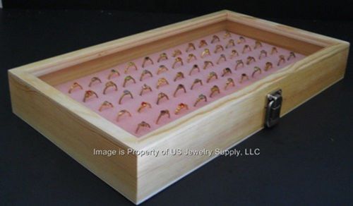 Key Lock Locking Natural Wood Glass Top Lid Pink 72 Ring Jewelry Display Case