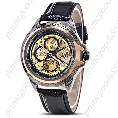 PU Leather Strap Auto Automatic Mechanical Analog Men&#039;s Wristwatch Gold Black