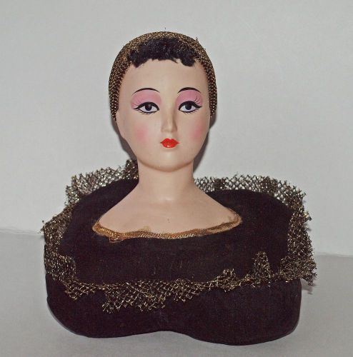 SMALL BISQUE (?) LADY HEAD FLAPPER STYLE ON PIN CUSHION JEWELLERY DISPLAY FUNKY