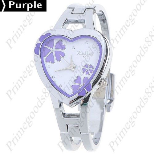 Bracelet Heart Shaped Quartz Wrist Wristwatch Women&#039;s Flowers Silver Purple
