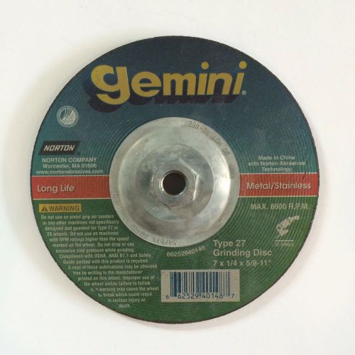 NORTON GEMINI - GRINDING DISC - TYPE 27 - STEEL / METAL - 7x1/4x5/8-11&#034; - NEW