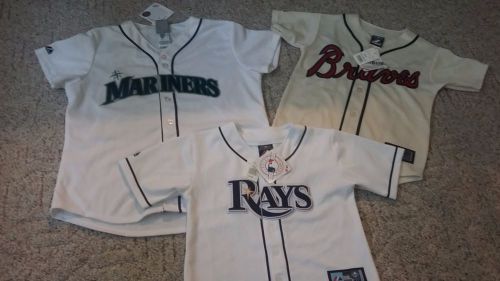 Majestic brand jersey&#039;s/braves ,ray&#039;s, mariner&#039;s/ sizes L, L (7), S LOT of 3