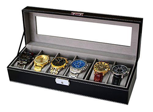 New Sodynee Compartment,PU Leather Display Glass Top Watch Organizer Box(6 Gird)